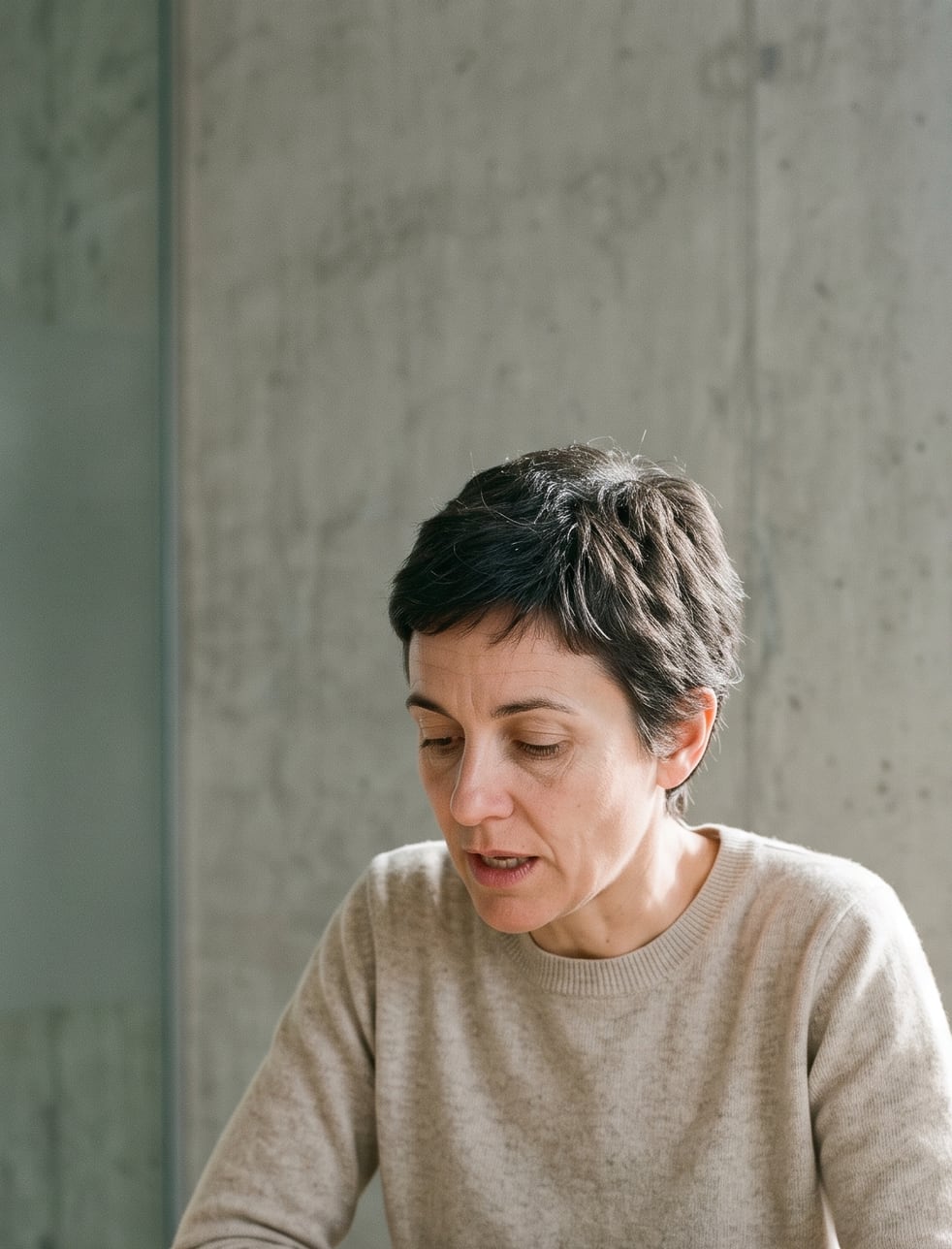 Elena Sarrià, sentada a la mesa de su consulta, explica algo con la mirada baja